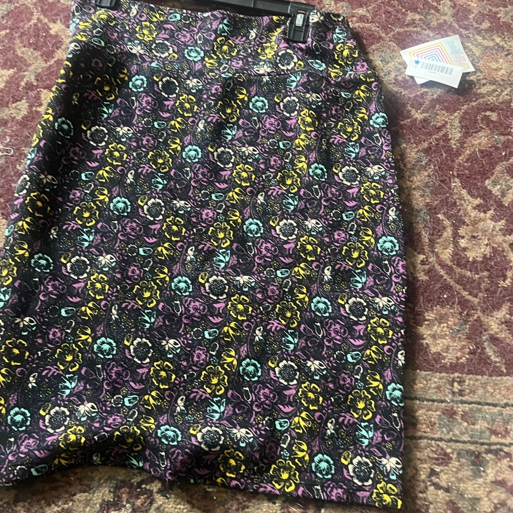 LuLaRoe Cassie Black Pencil Skirt with Purple, Yellow & Teal Floral Print Size L